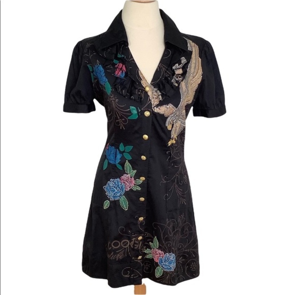 COOGI Eagle and Roses V-neck embellished fitted dress Size L EUC